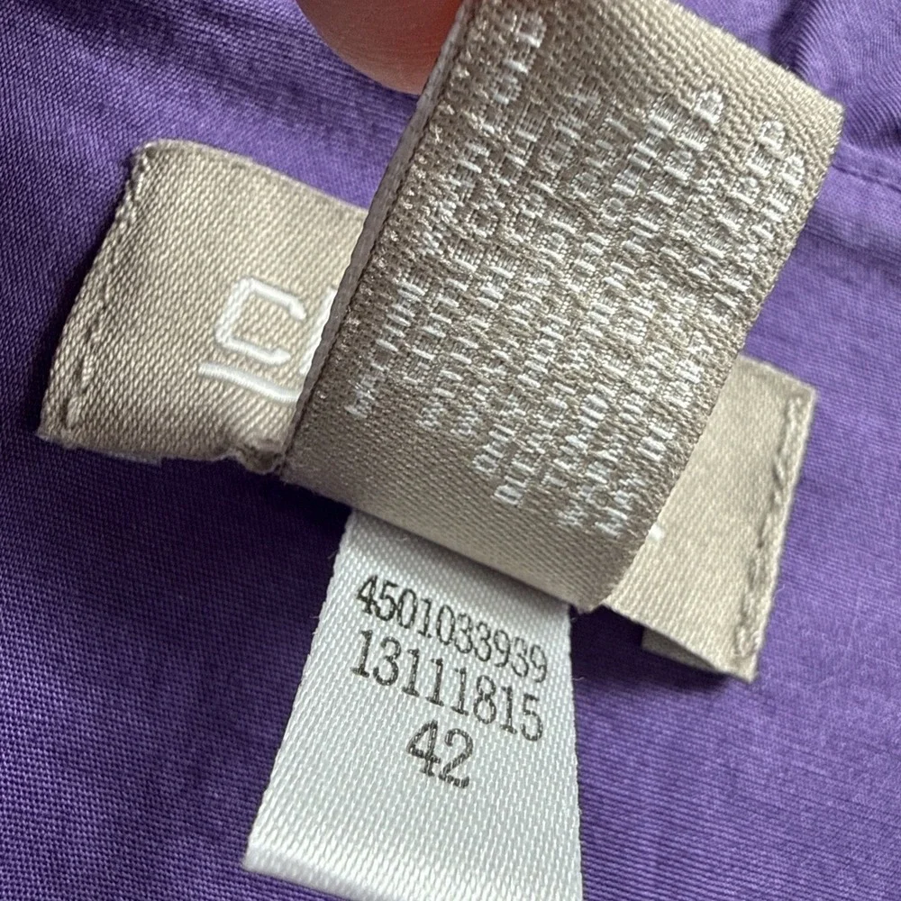 Chicos Womens Jacket Size Large Solid Purple Ruffle Trim Unlined 3/4 Sleeve Open